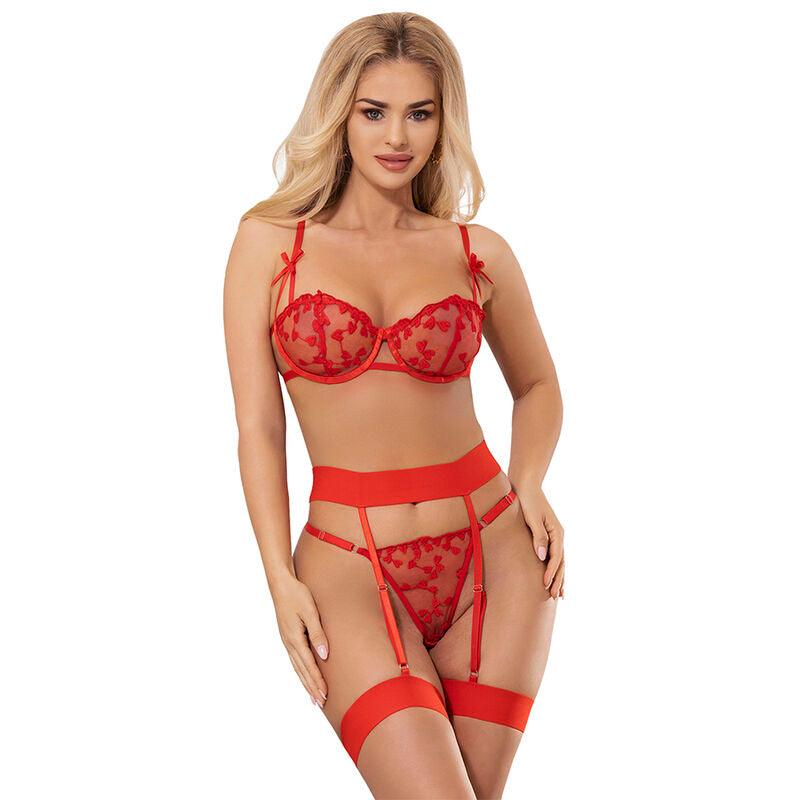 SUBBLIME - 954338 SUJETADOR + TANGA + LIGUEROS ESTAMPADO DE CORAZONES ROJO L/XL - Optelum