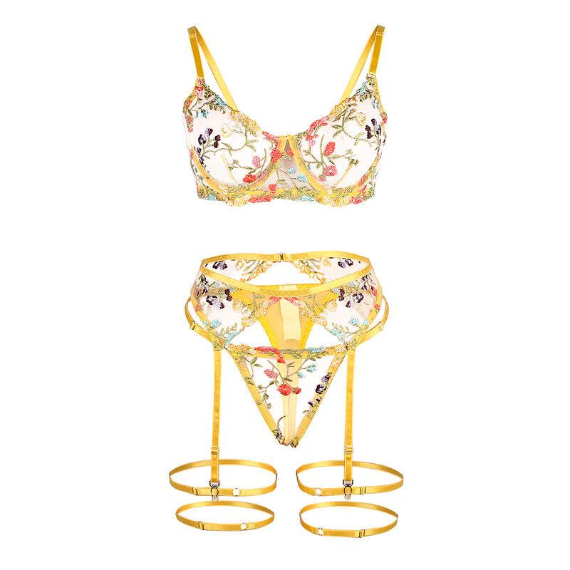 SUBBLIME - 954352 SUJETADOR + TANGA + LIGUEROS DISEÑO FLORAL AMARILLO L/XL - Optelum