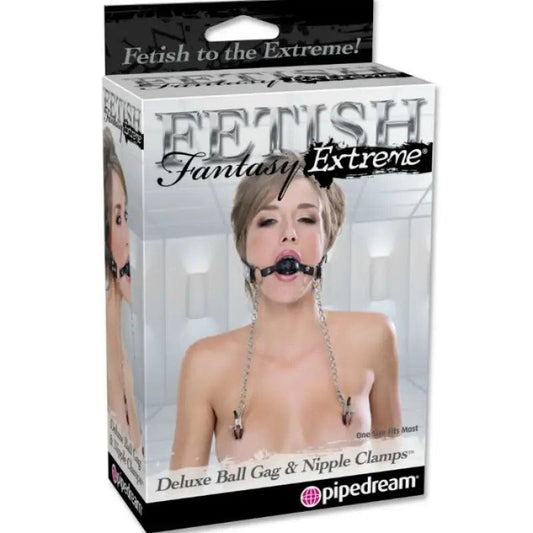 FETISH FANTASY EXTREME - MORDAZA DELUXE CON PINZAS PEZONES CON CADENAS - Optelum