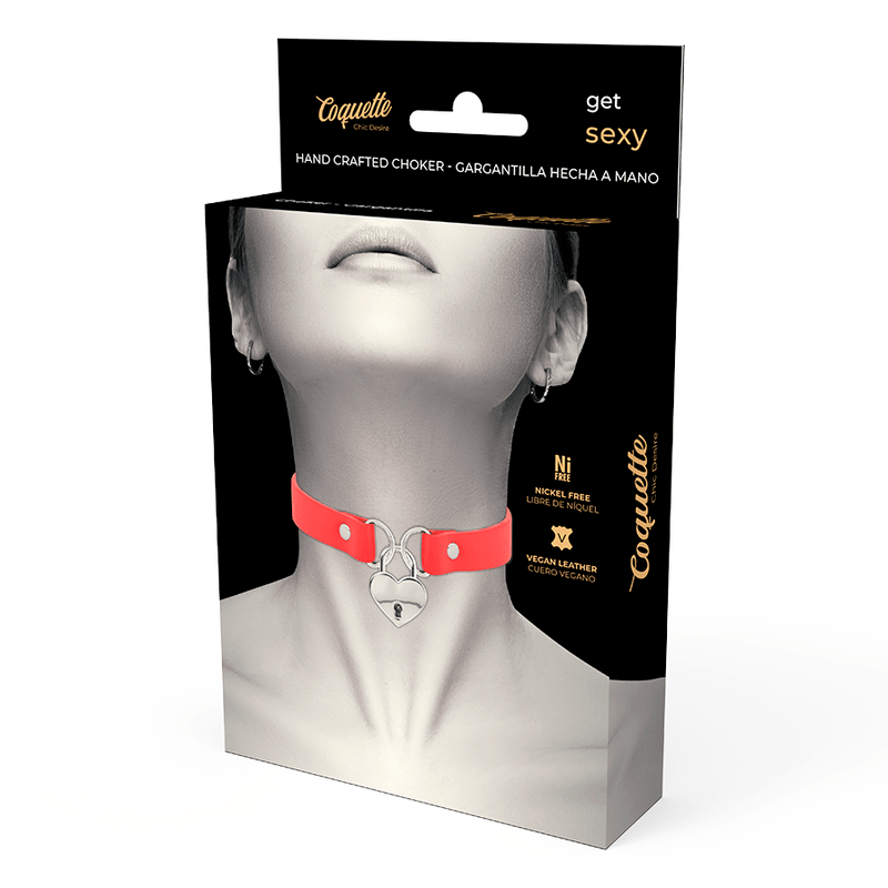 COQUETTE CHIC DESIRE - COLLAR CUERO VEGANO ROJO ACCESORIO CORAZÓN CON LLAVE - Optelum