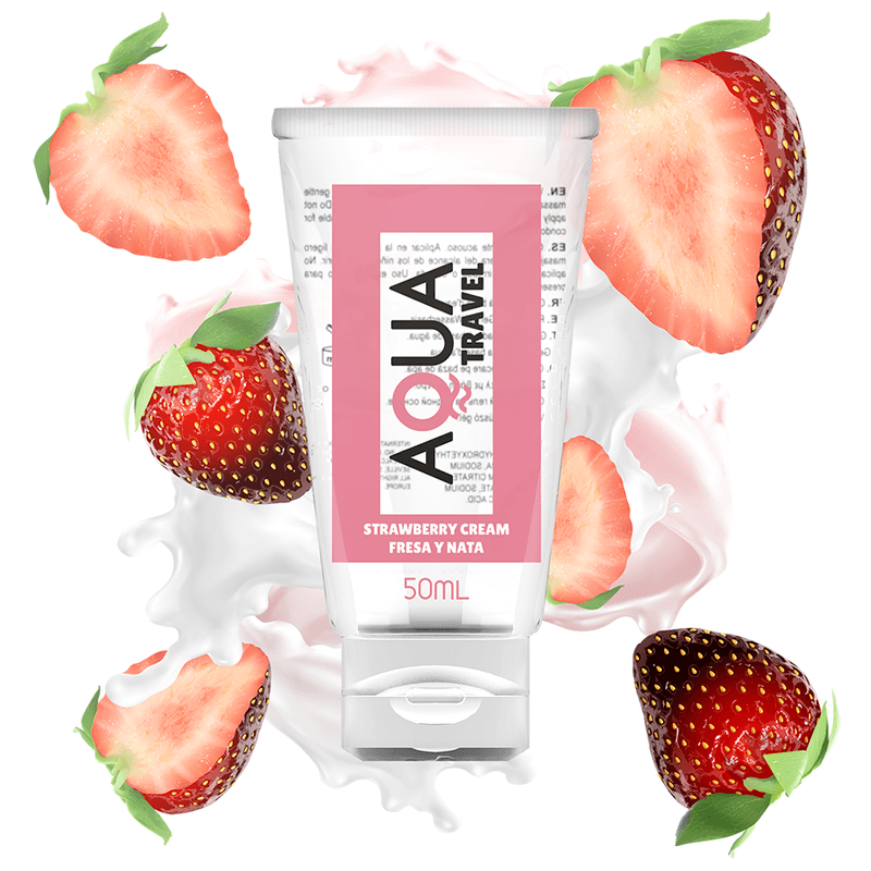 AQUA TRAVEL - LUBRICANTE BASE AGUA SABOR FRESA Y NATA - 50 ML - Optelum