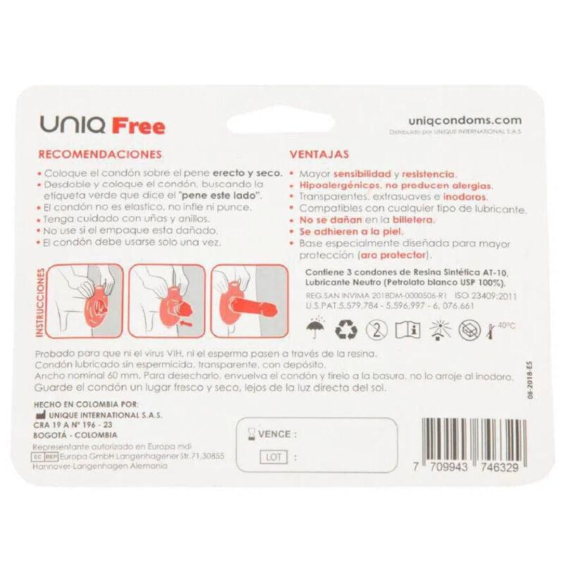 UNIQ - FREE PRESERVATIVOS CON ARO PROTECTOR SIN LATEX 3 UNIDADES - Optelum