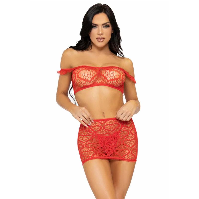 LEG AVENUE - SET TRES PIEZAS TOP, MINI FALDA Y TANGA TALLA UNICA - ROJO - Optelum