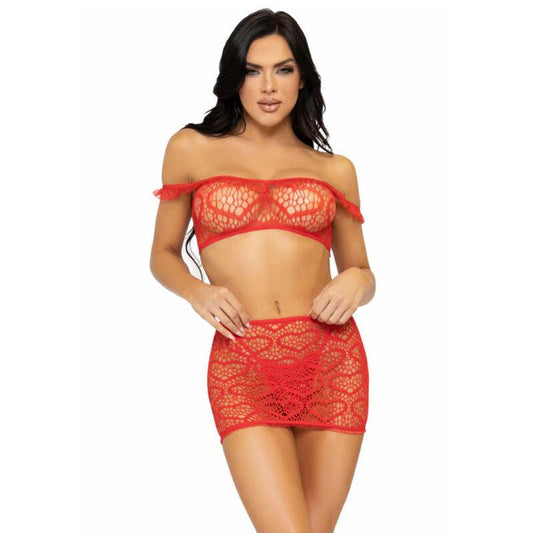 LEG AVENUE - SET TRES PIEZAS TOP, MINI FALDA Y TANGA TALLA UNICA - ROJO - Optelum