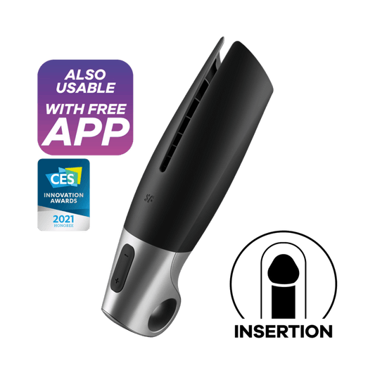 SATISFYER - POWER MASTURBATOR NEGRO Y PLATA - Optelum