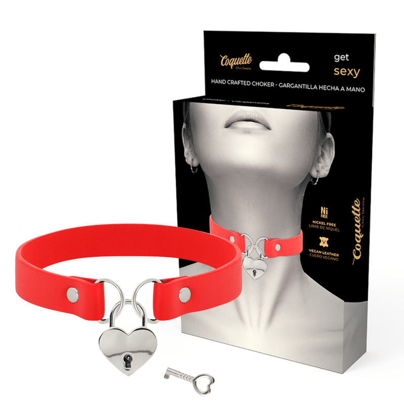 COQUETTE CHIC DESIRE - COLLAR CUERO VEGANO ROJO ACCESORIO CORAZÓN CON LLAVE - Optelum