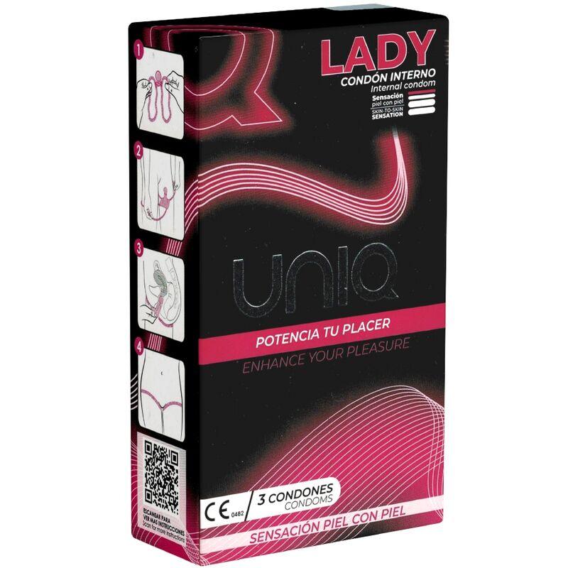 UNIQ - LADY CONDOM PRESERVATIVOS FEMENINOS CON LIGUERO SIN LATEX 3 UNIDADES - Optelum