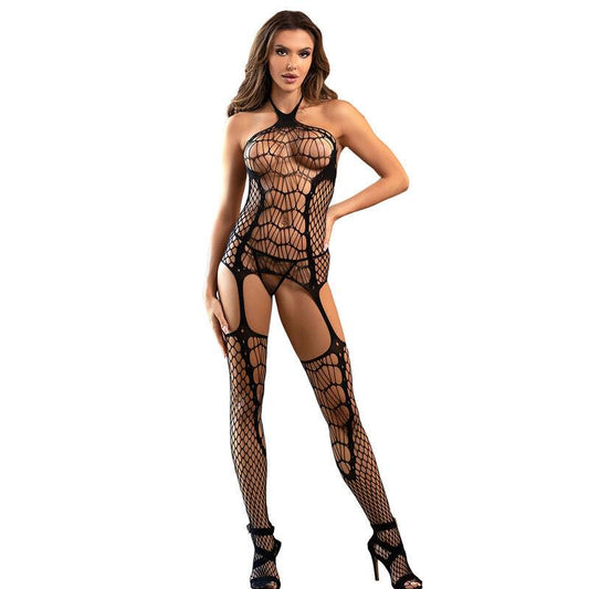 SUBBLIME - 952105 BODYSTOCKING CROTCHLESS DE REJILLA CON CUELLO HALTER Y ESPALDA ABIERTA NEGRO TALLA ÚNICA - Optelum