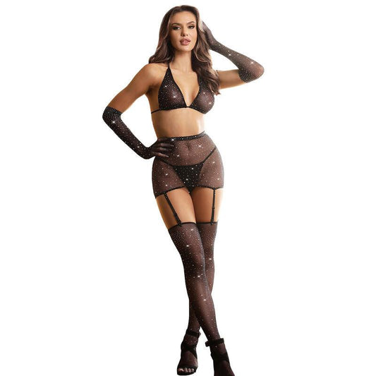 SUBBLIME - 952174 BODYSTOCKING DE REJILLA CON GUANTES Y DIAMANTES NEGRO TALLA ÚNICA - Optelum