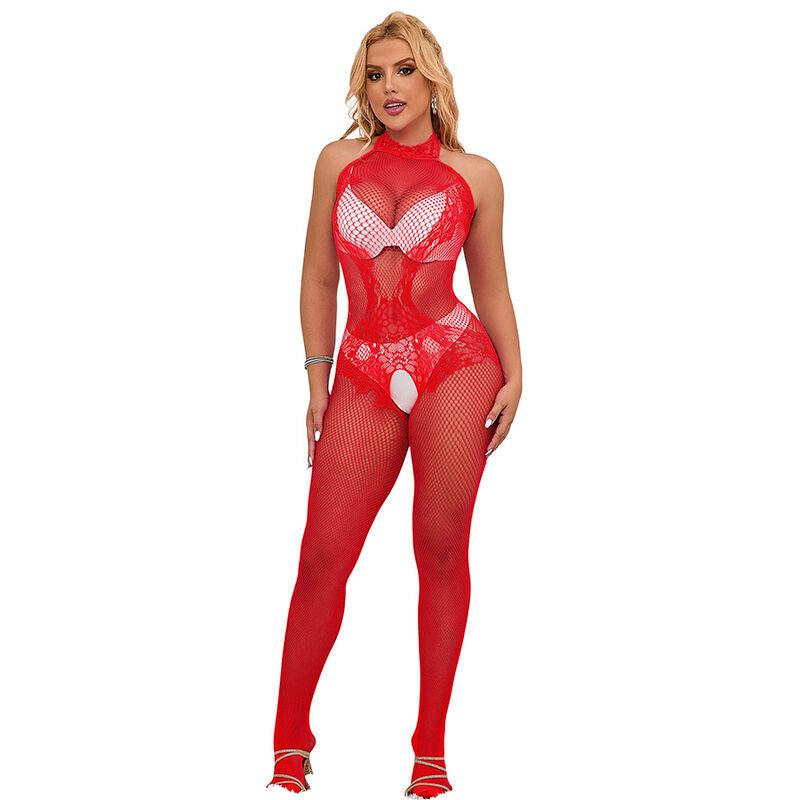 SUBBLIME - 952372 BODYSTOCKING CROTCHLESS DE REJILLA Y ENCAJE CON CUELLO ALTO ROJO TALLA ÚNICA - Optelum
