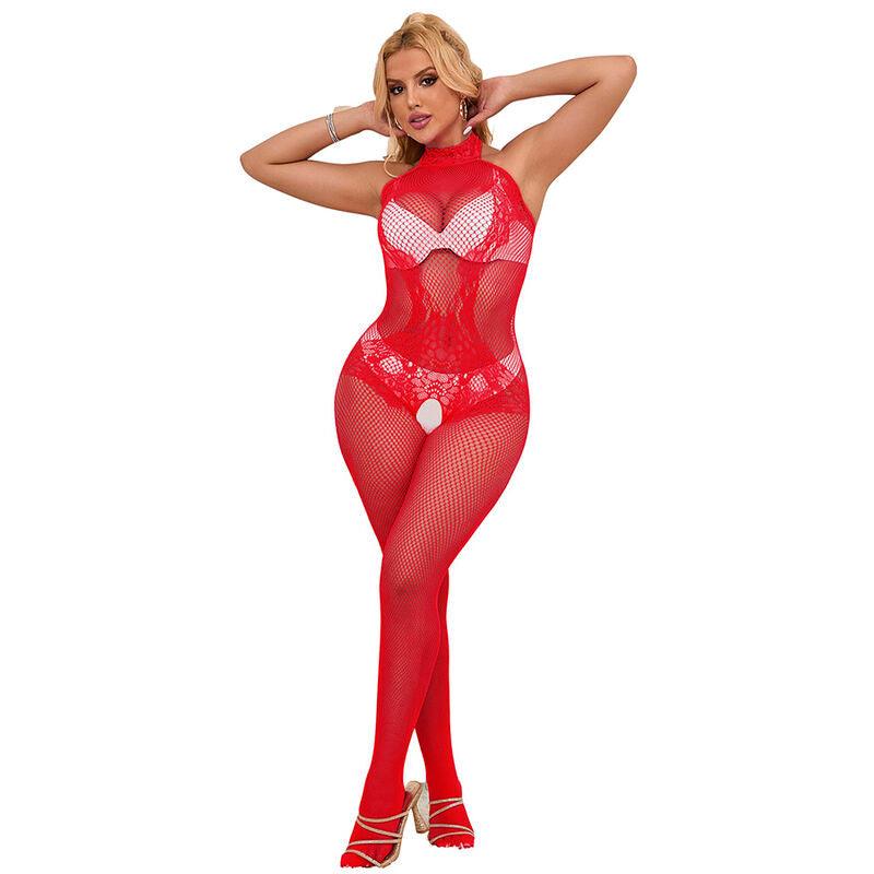 SUBBLIME - 952372 BODYSTOCKING CROTCHLESS DE REJILLA Y ENCAJE CON CUELLO ALTO ROJO TALLA ÚNICA - Optelum