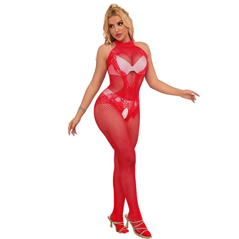 SUBBLIME - 952372 BODYSTOCKING CROTCHLESS DE REJILLA Y ENCAJE CON CUELLO ALTO ROJO TALLA ÚNICA - Optelum