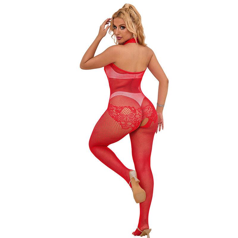 SUBBLIME - 952372 BODYSTOCKING CROTCHLESS DE REJILLA Y ENCAJE CON CUELLO ALTO ROJO TALLA ÚNICA - Optelum