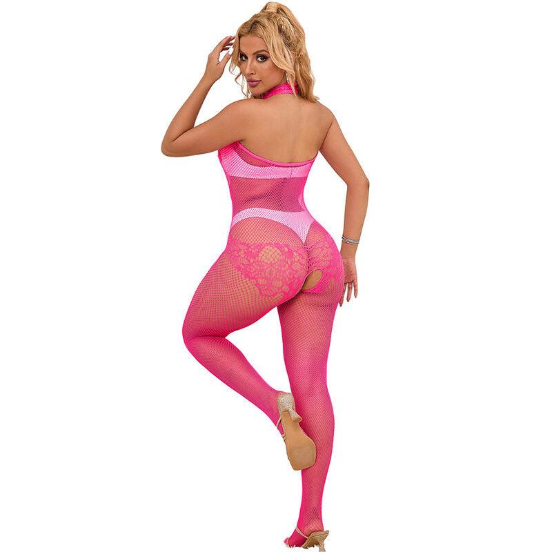 SUBBLIME - 952389 BODYSTOCKING CROTCHLESS DE REJILLA Y ENCAJE CON CUELLO ALTO ROSA TALLA ÚNICA - Optelum