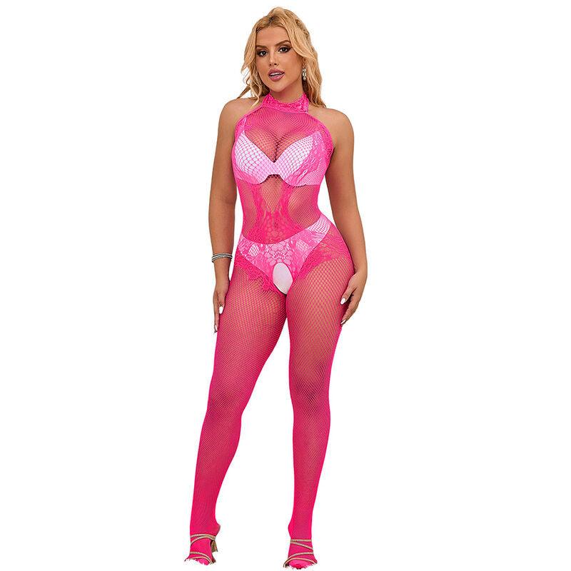 SUBBLIME - 952389 BODYSTOCKING CROTCHLESS DE REJILLA Y ENCAJE CON CUELLO ALTO ROSA TALLA ÚNICA - Optelum