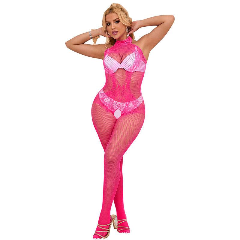 SUBBLIME - 952389 BODYSTOCKING CROTCHLESS DE REJILLA Y ENCAJE CON CUELLO ALTO ROSA TALLA ÚNICA - Optelum