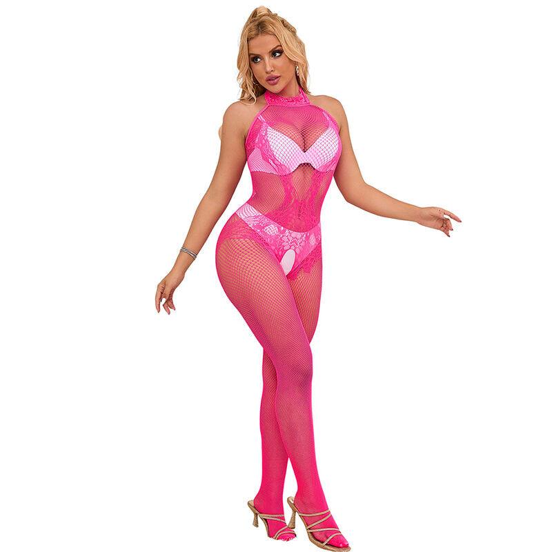 SUBBLIME - 952389 BODYSTOCKING CROTCHLESS DE REJILLA Y ENCAJE CON CUELLO ALTO ROSA TALLA ÚNICA - Optelum