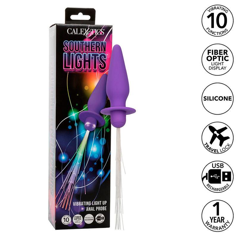 CALEXOTICS - SOUTHERN LIGHTS LIGHT UP PLUG ANAL CON LUCES 10 VIBRACIONES SILICONA VIOLETA - Optelum