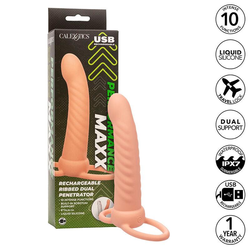 CALEXOTICS - MAXX DOBLE PENETRADOR ACANALADO 10 VIBRACIONES NATURAL - Optelum