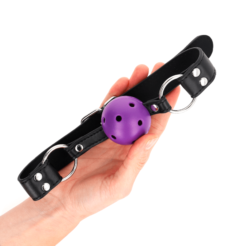 KINK - MORDAZA DE BOLA 4 CM TRANSPIRABLE CON DOBLE REMACHE MORADO 62 x 2.5 CM AJUSTABLE 42-58 CM - Optelum