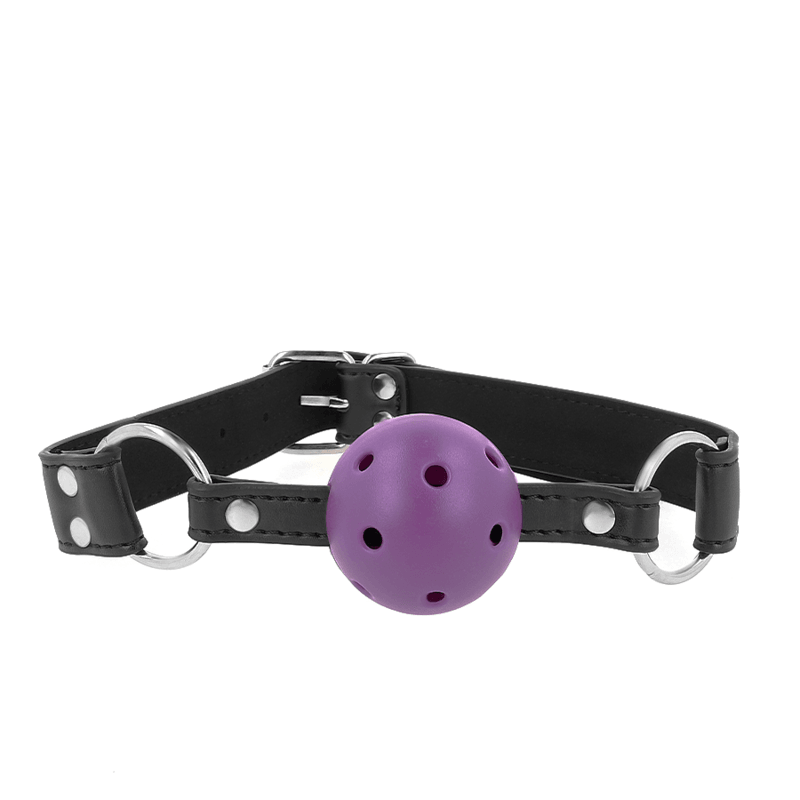 KINK - MORDAZA DE BOLA 4 CM TRANSPIRABLE CON DOBLE REMACHE MORADO 62 x 2.5 CM AJUSTABLE 42-58 CM - Optelum