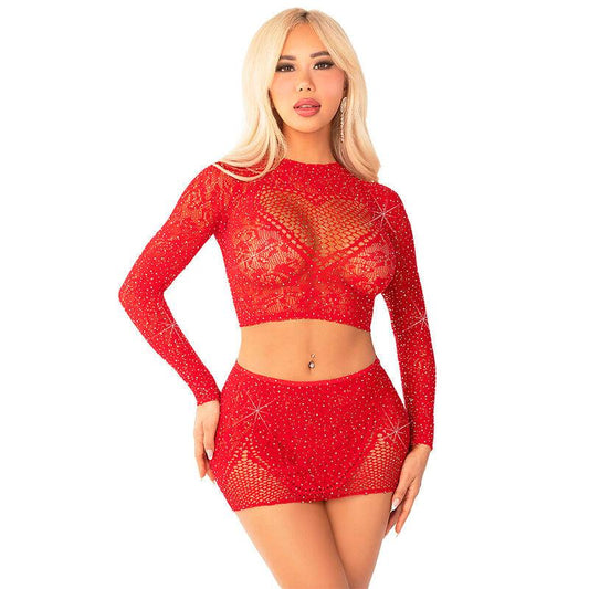 LEG AVENUE - TOP + FALDA DE REJILLA CON BRILLANTES ROJO - Optelum