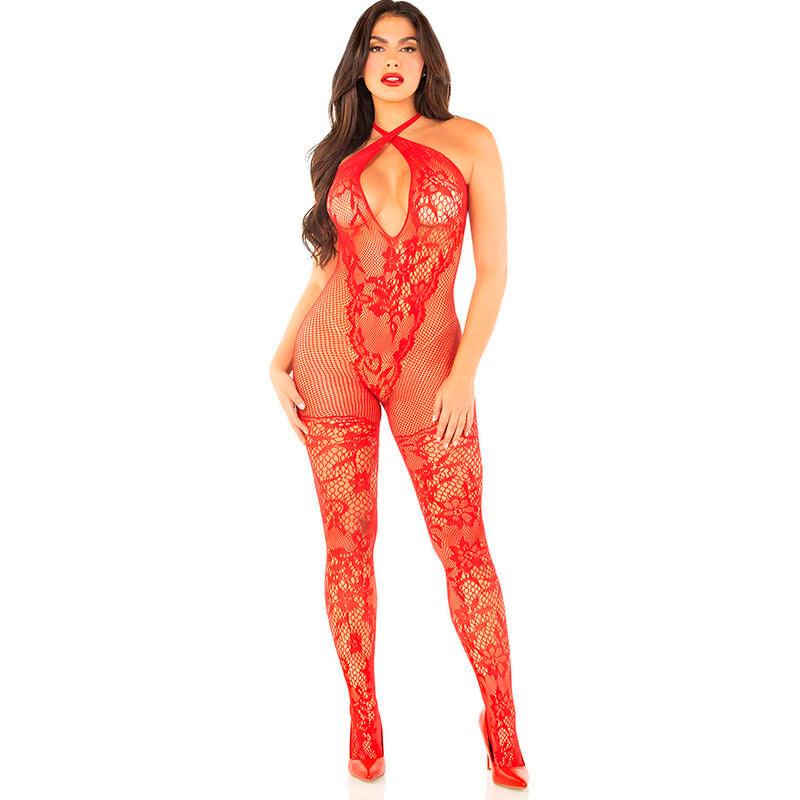 LEG AVENUE - BODYSTOCKING DE REJILLA CON ESTAMPADO DE FLORES ROJO TALLA ÚNICA - Optelum