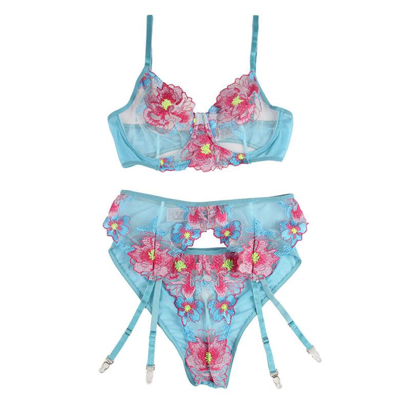 SUBBLIME - 954109 SUJETADOR + PANTIES CON LIGUERO DISEÑO FLORAL AZUL S/M - Optelum