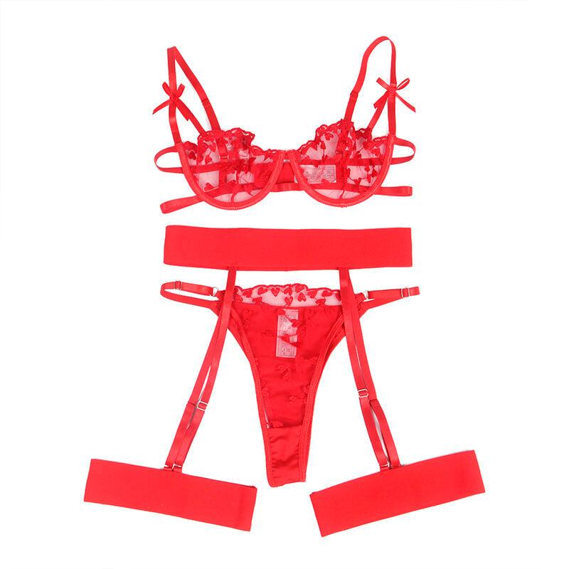 SUBBLIME - 954338 SUJETADOR + TANGA + LIGUEROS ESTAMPADO DE CORAZONES ROJO L/XL - Optelum