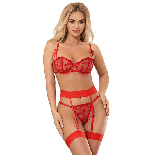 SUBBLIME - 954338 SUJETADOR + TANGA + LIGUEROS ESTAMPADO DE CORAZONES ROJO L/XL - Optelum