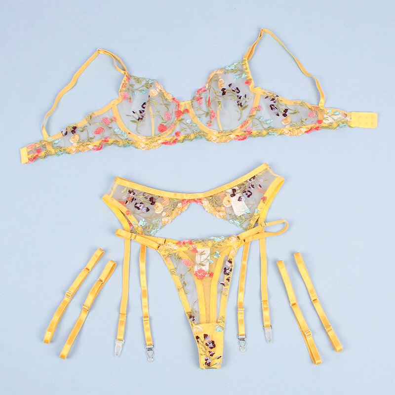 SUBBLIME - 954345 SUJETADOR + TANGA + LIGUEROS DISEÑO FLORAL AMARILLO S/M - Optelum