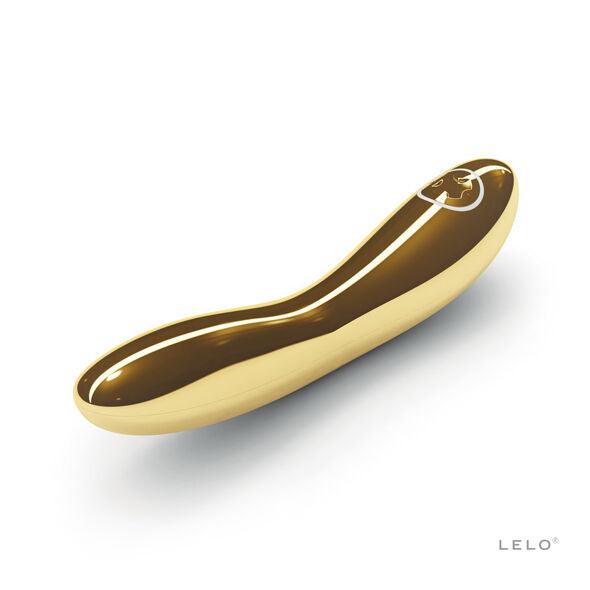 Primer plano del vibrador LELO INEZ mostrando el recubrimiento de oro de 24 quilates