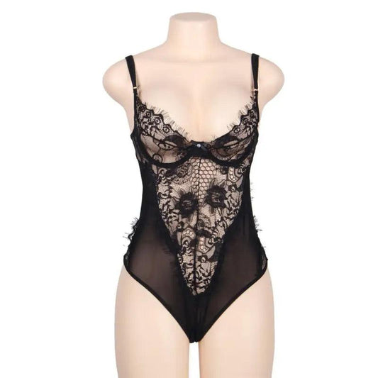 SUBBLIME - TEDDY ENCAJE FLORAL Y CON FLECOS NEGRO TALLA GRANDE - Optelum